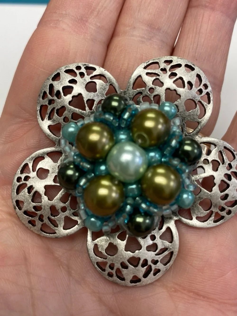 Floral Beaded Silver-Tone Brooch with Teal and Olive beads